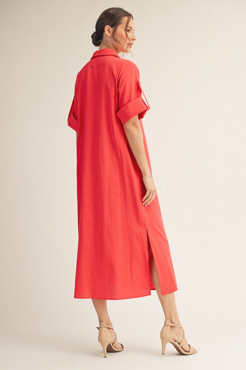 Red Side Slit Button Down Midi Dress