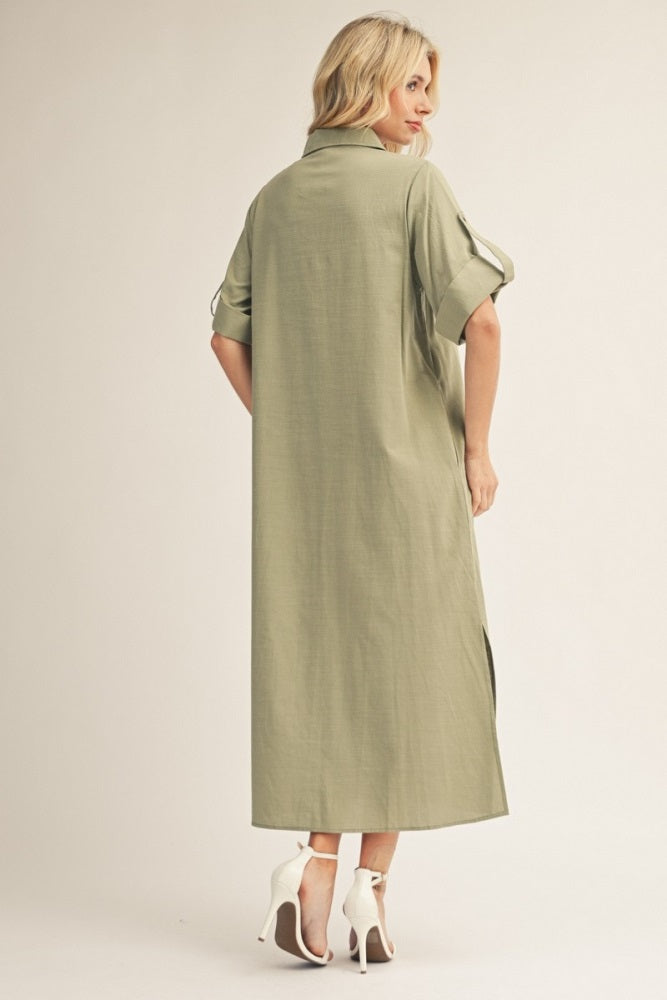 Sage Side Slit Button Down Midi Dress