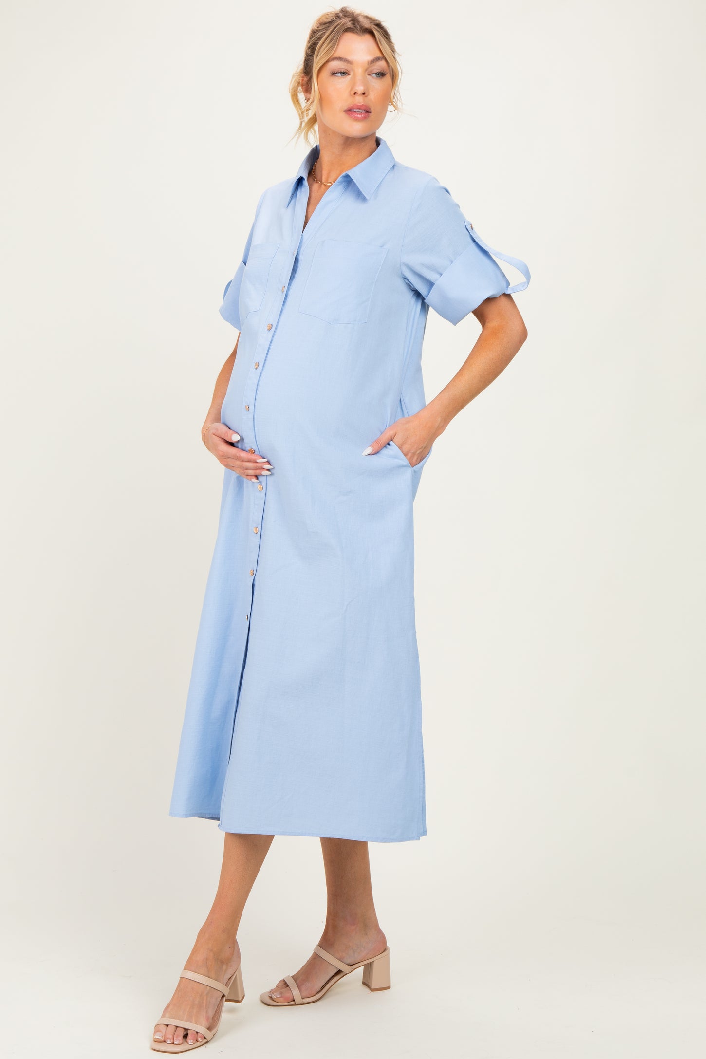 Light Blue Side Slit Button Down Maternity Midi Dress