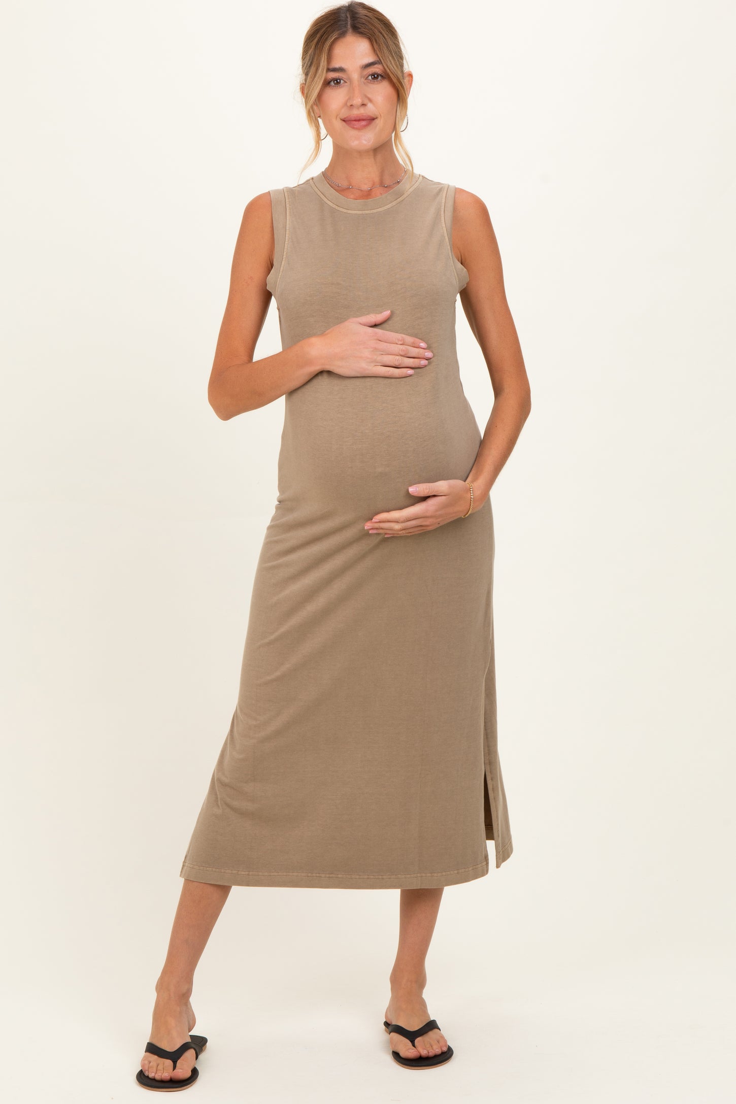 Light Mocha Side Slit Maternity Midi Tank Dress