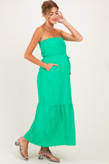 Green Strapless Cinched Waist Tie Maternity Maxi Dress