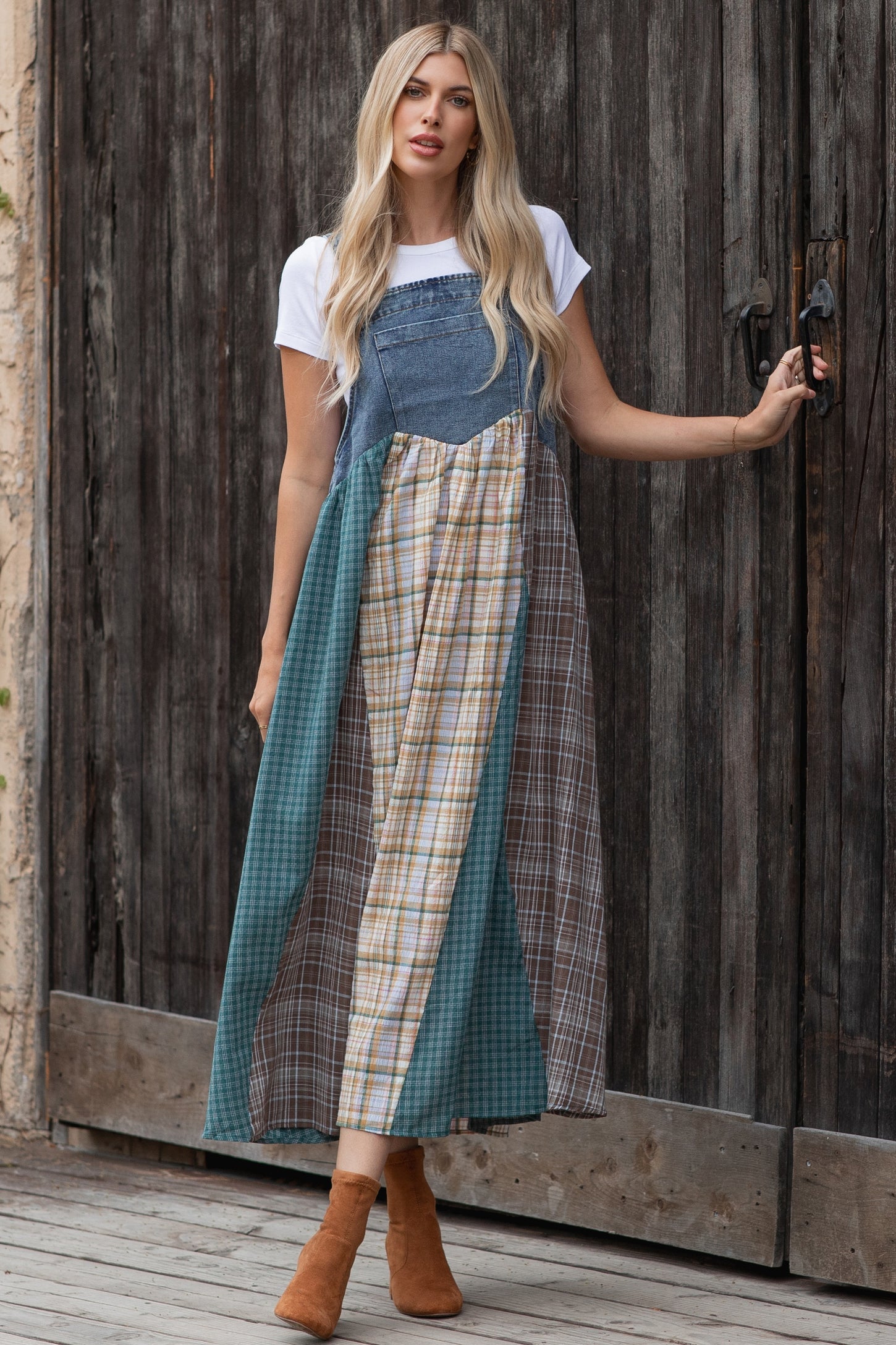 Denim Plaid Colorblock Overall Dress