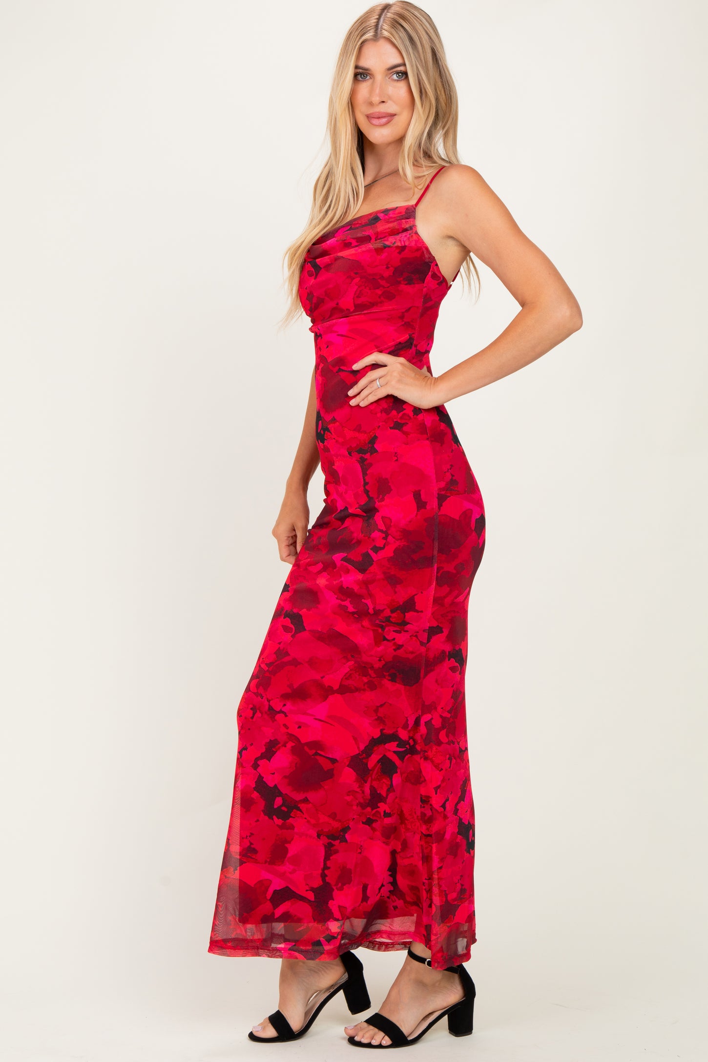 Red Printed Crisscross Back Maxi Dress