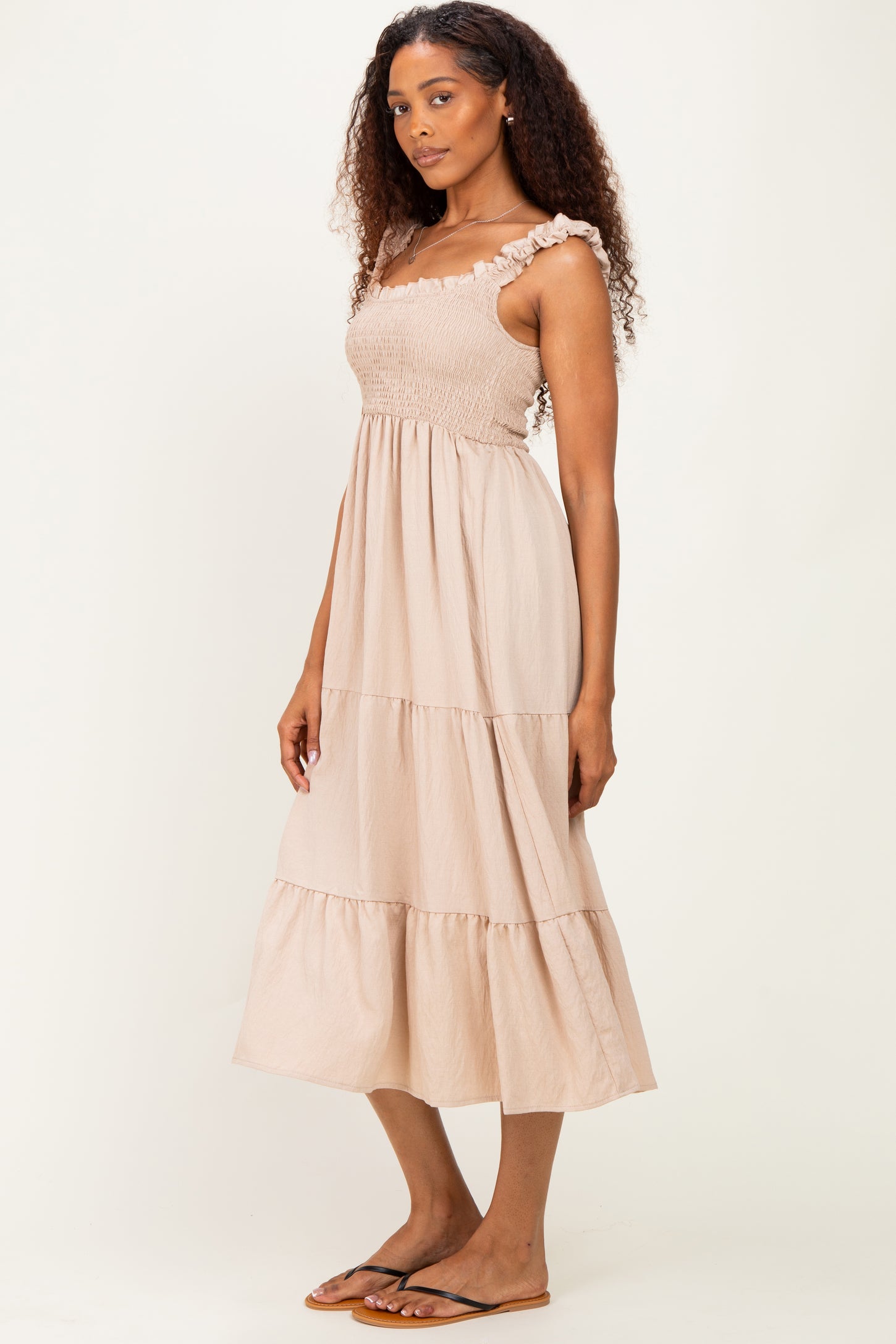 Natural Smocked Tiered Ruffle Detail Dress