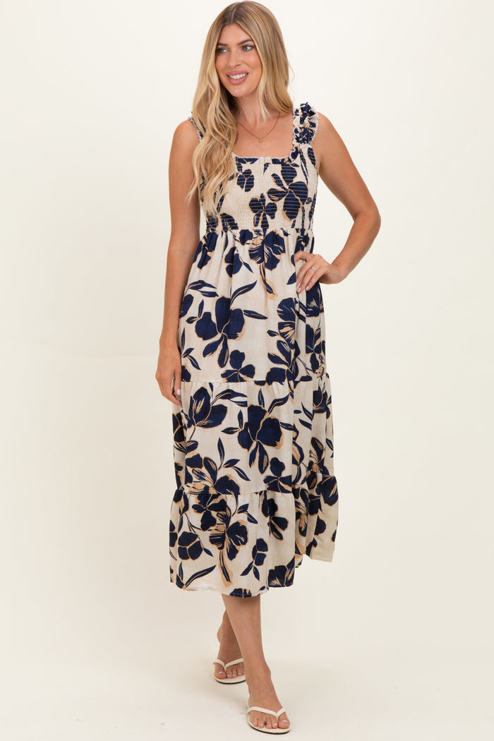Navy Floral Smocked Tiered Maternity Midi Dress