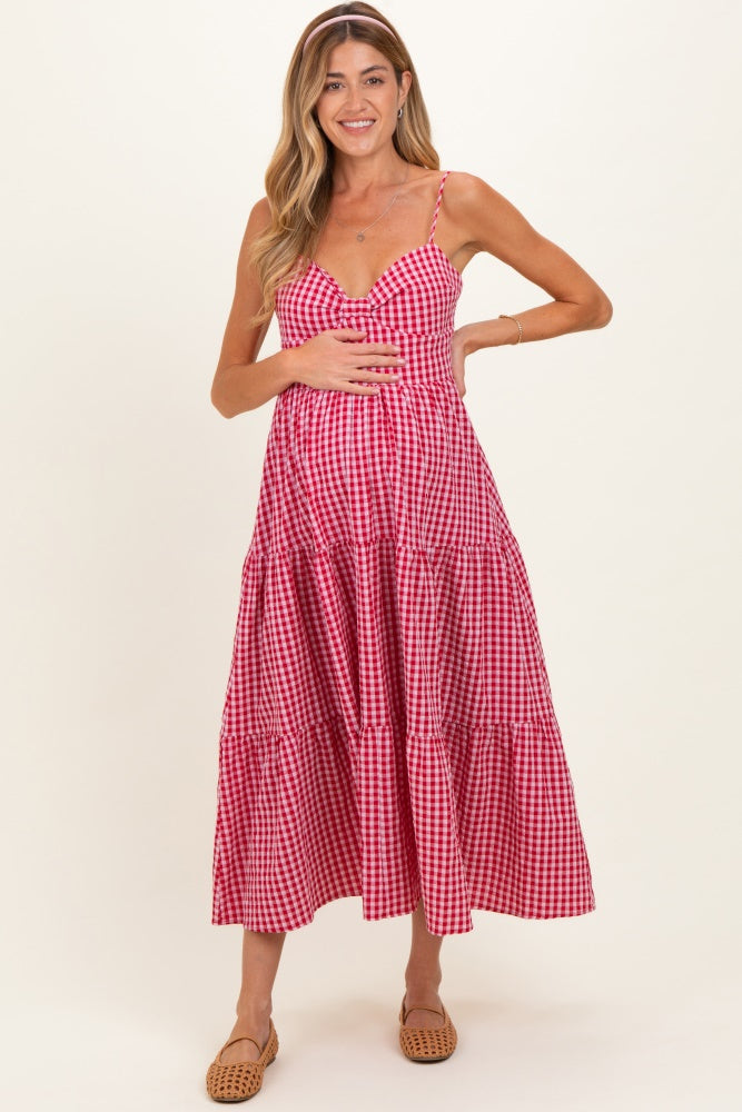 Red Gingham Cutout Tie Back Tiered Maternity Maxi Dress