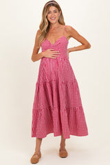 Red Gingham Cutout Tie Back Tiered Maternity Maxi Dress