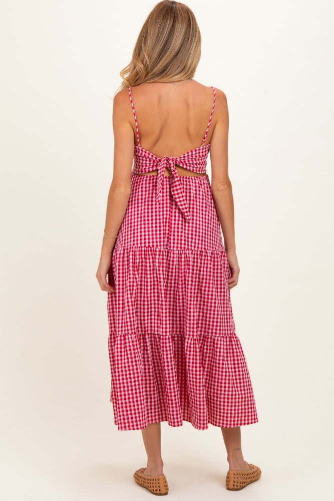 Red Gingham Cutout Tie Back Tiered Maternity Maxi Dress