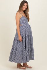 Navy Gingham Cutout Tie Back Tiered Maternity Maxi Dress