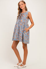 Light Denim Floral Tie Front Maternity Mini Dress