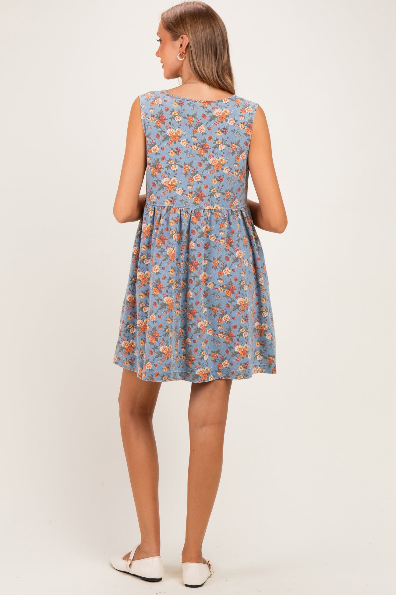 Light Denim Floral Tie Front Maternity Mini Dress