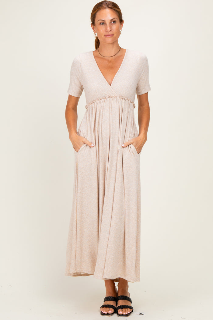 Oatmeal Short Sleeve V-Neck Maternity Maxi Dress