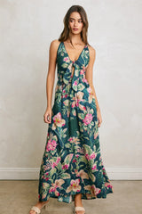 Deep Teal Floral Front Knot Open Back Maxi Dress