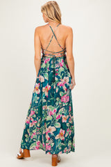 Deep Teal Floral Front Knot Open Back Maternity Maxi Dress