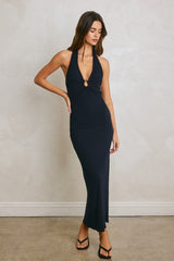 Navy Knit Halter Gold Ring Maxi Dress