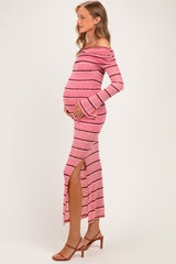 Pink Striped Sheer Knit Off Shoulder Maternity Maxi Dress