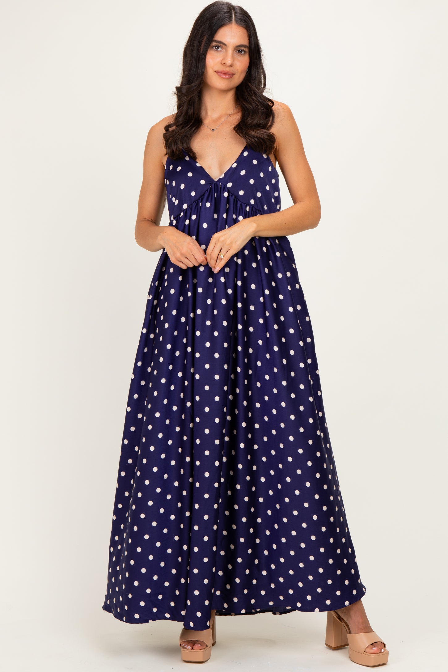 Navy/ Cream Polka Dot Sleeveless Maternity Maxi Dress