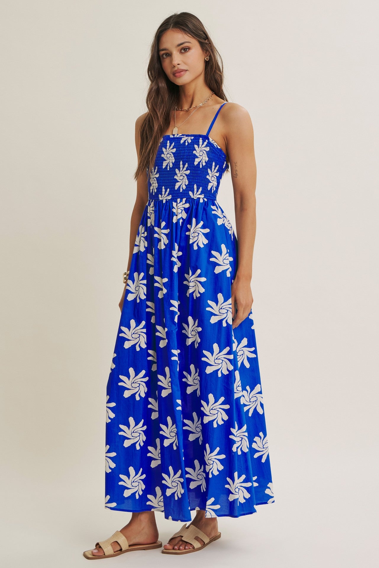 Cobalt Printed Square Neck Smocked Maxi Dress