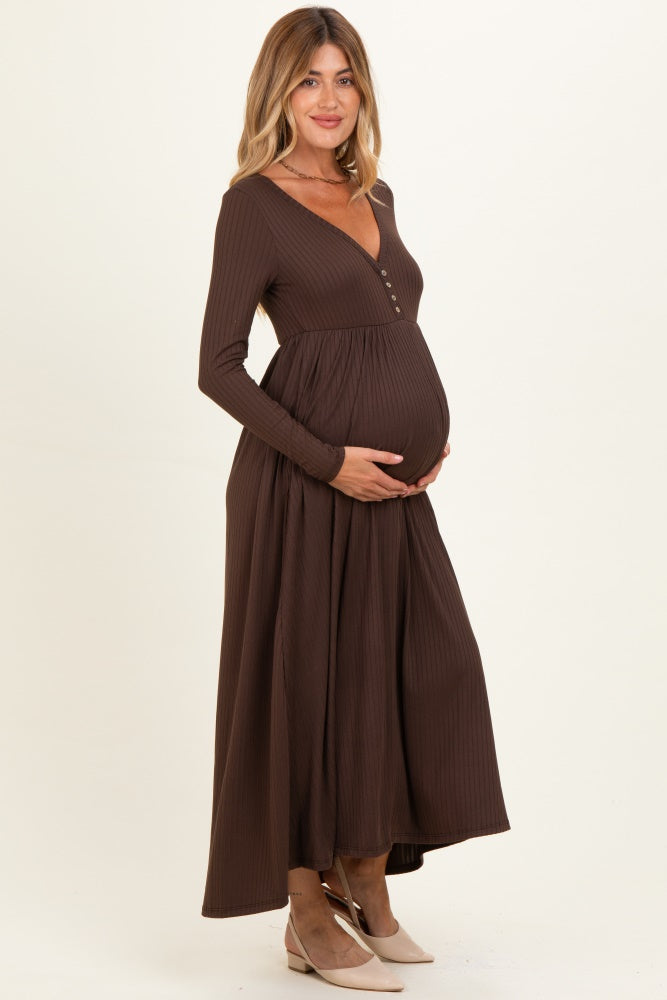 Brown Ribbed Knit Long Sleeve Maternity Maxi Dress