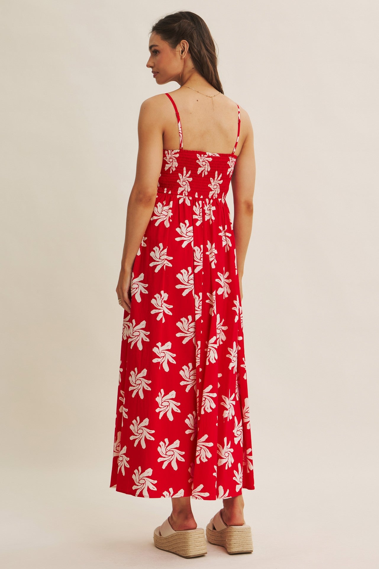Red Printed Square Neck Smocked Maxi Dress