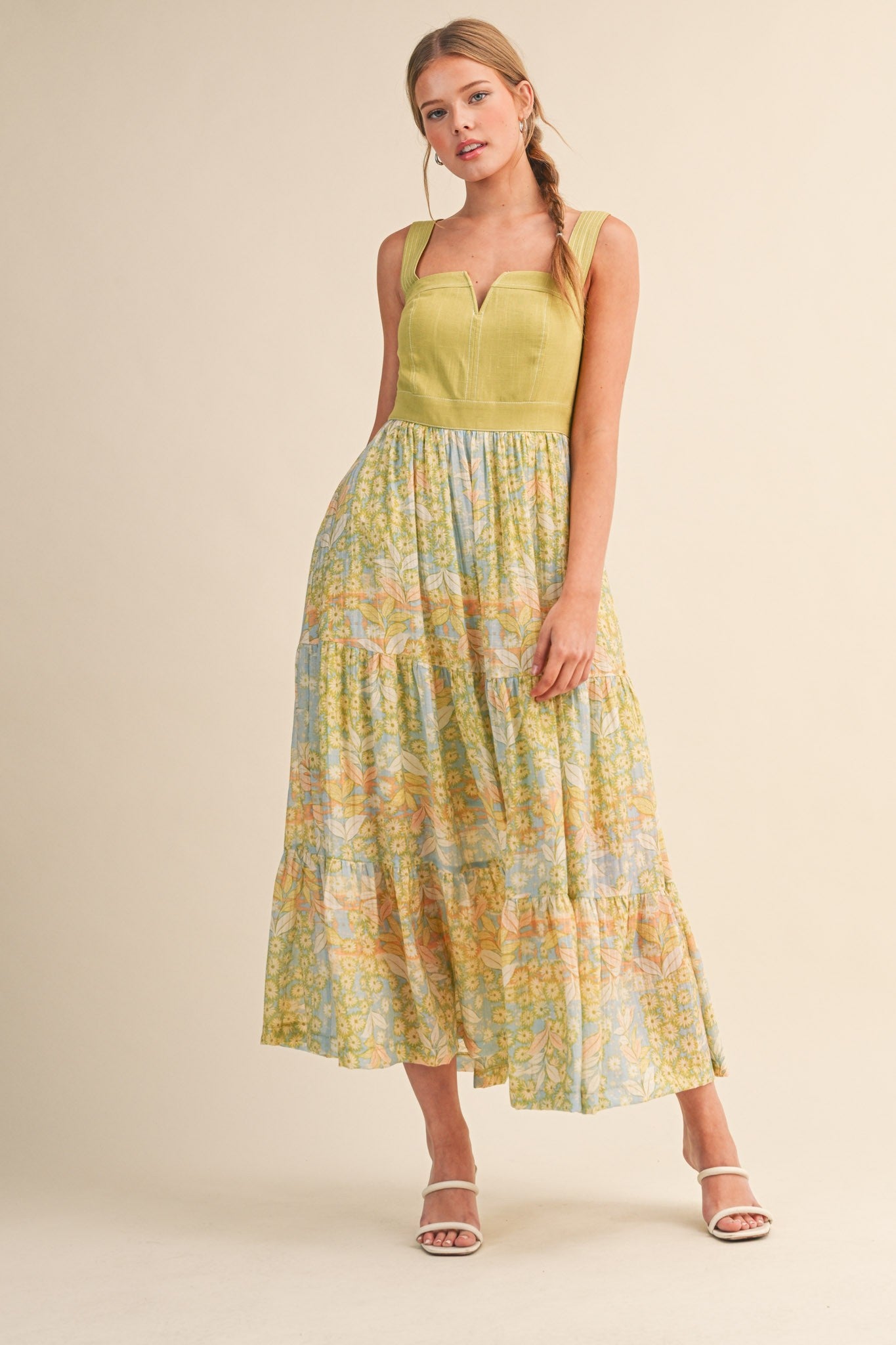 Lime Colorblock Floral Tiered Midi Dress