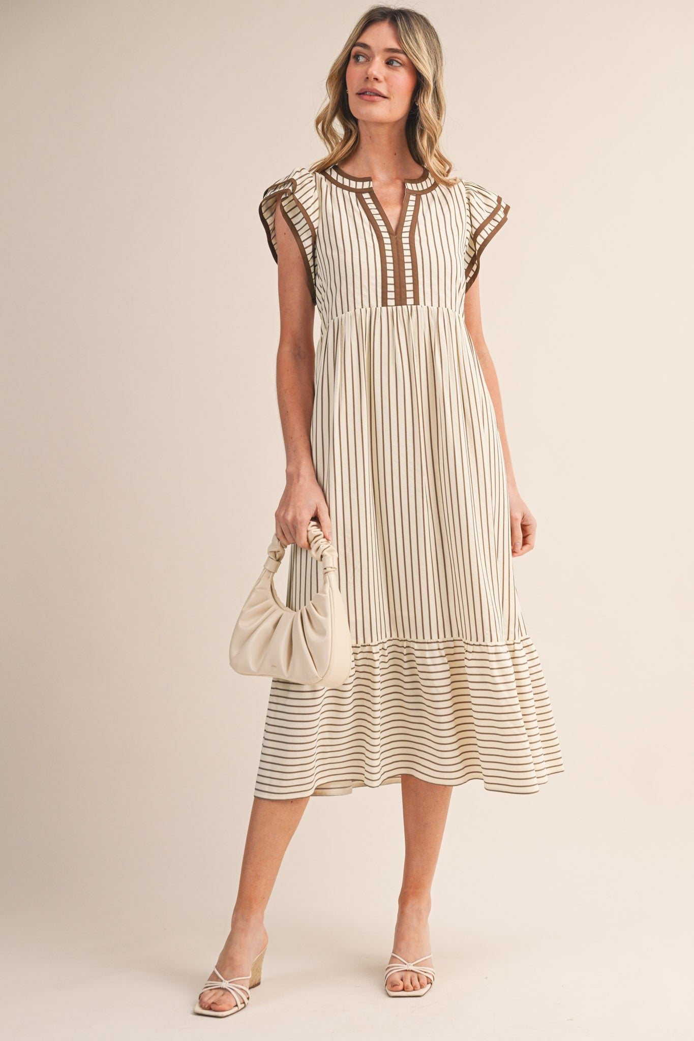 Cocoa Striped Flutter Sleeve Midi Dress