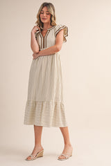 Cocoa Striped Flutter Sleeve Maternity Midi Dress
