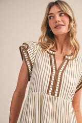 Cocoa Striped Flutter Sleeve Midi Dress