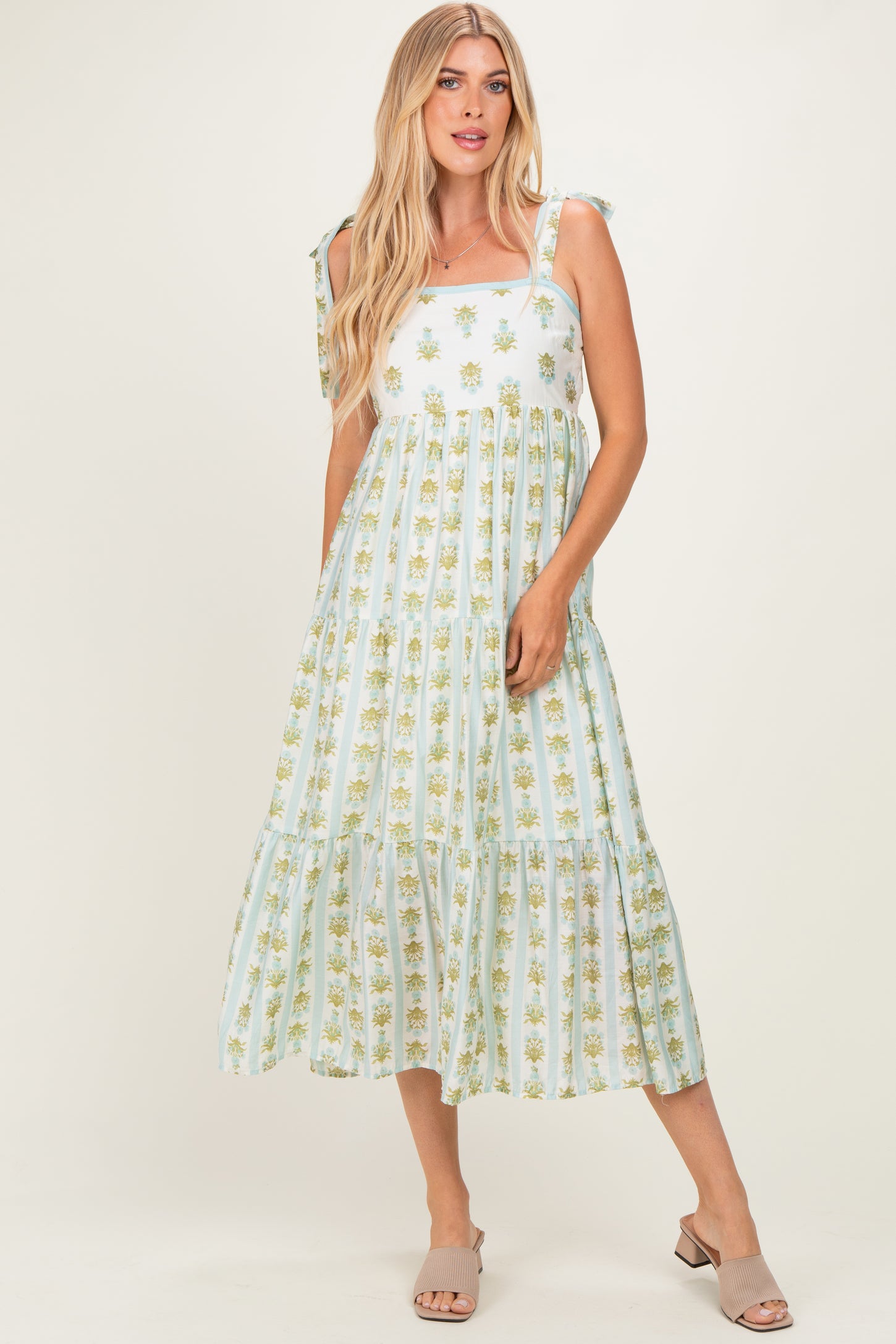 Sage Striped Floral Shoulder Tie Maternity Midi Dress