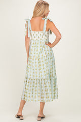 Sage Striped Floral Shoulder Tie Midi Dress
