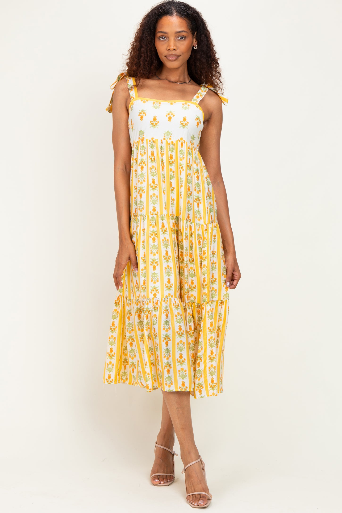 Yellow Striped Floral Shoulder Tie Midi Dress