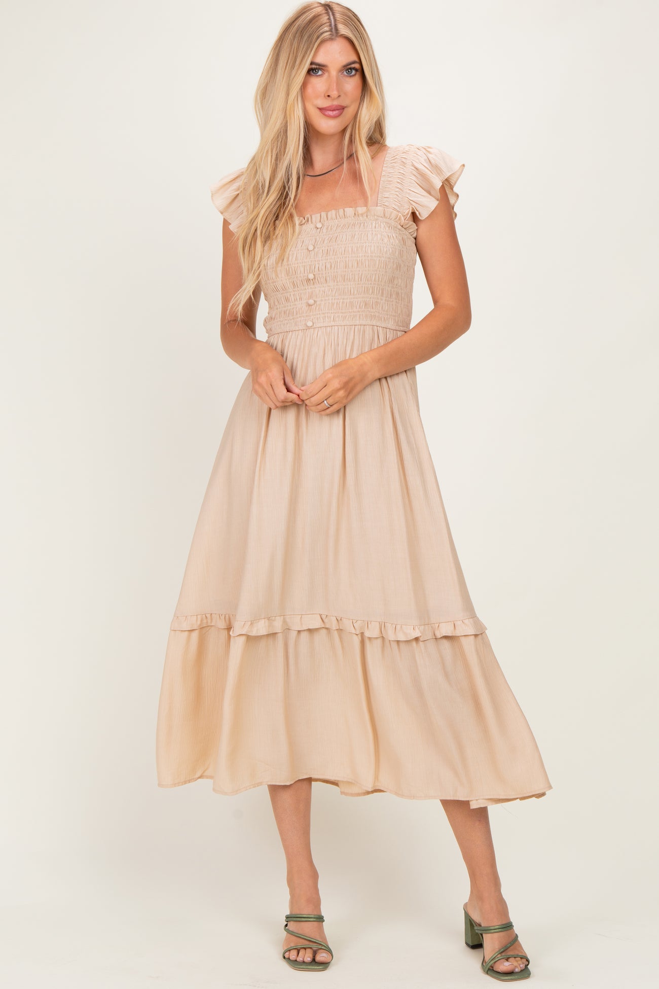 Khaki Button Accent Smocked Ruffle Maternity Midi Dress