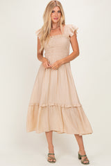 Khaki Button Accent Smocked Ruffle Maternity Midi Dress