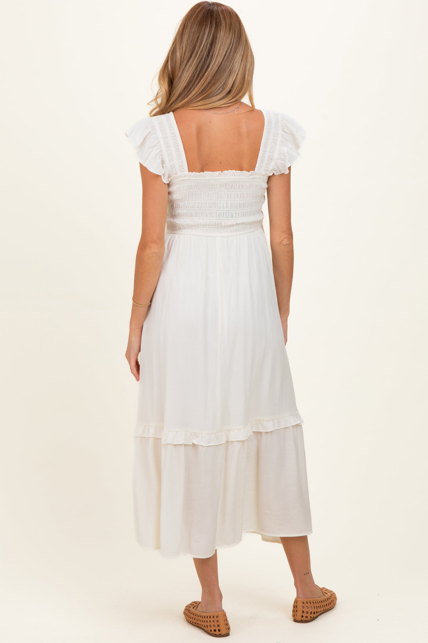 Natural Button Accent Smocked Ruffle Maternity Midi Dress