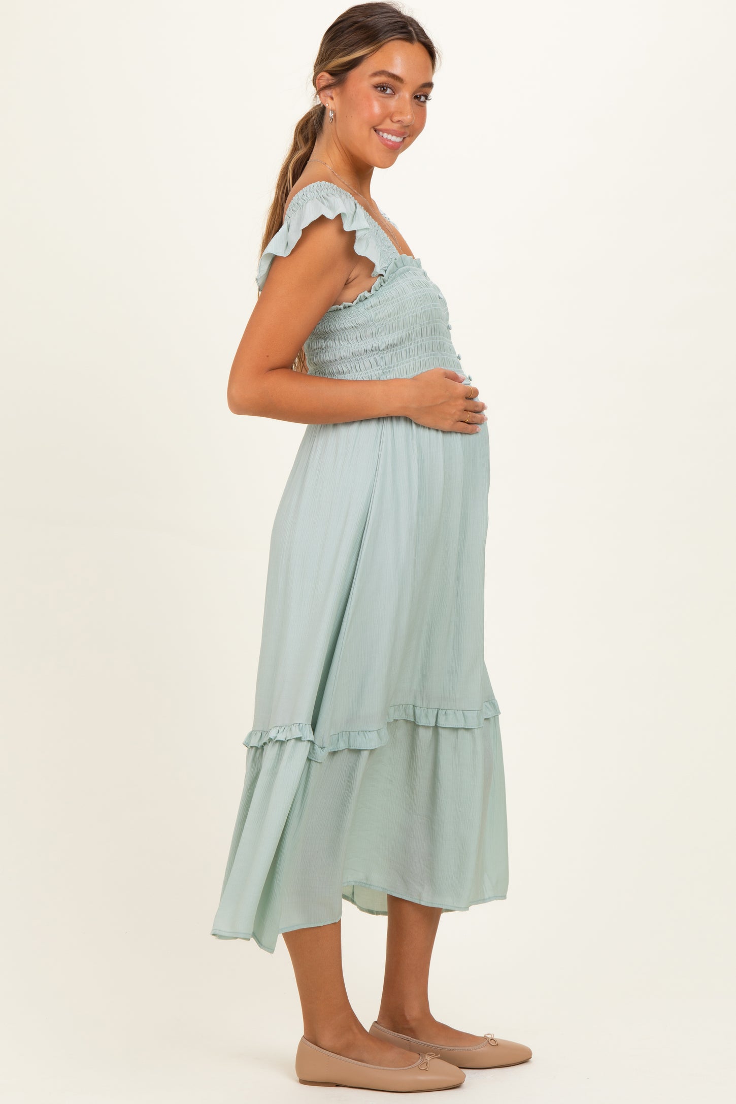 Light Blue Button Accent Smocked Ruffle Maternity Midi Dress