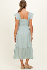 Light Blue Button Accent Smocked Ruffle Maternity Midi Dress