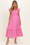 Pink Button Accent Smocked Ruffle Maternity Midi Dress
