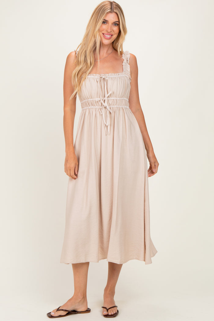 Khaki Front Tie Sleeveless Maternity Midi Dress