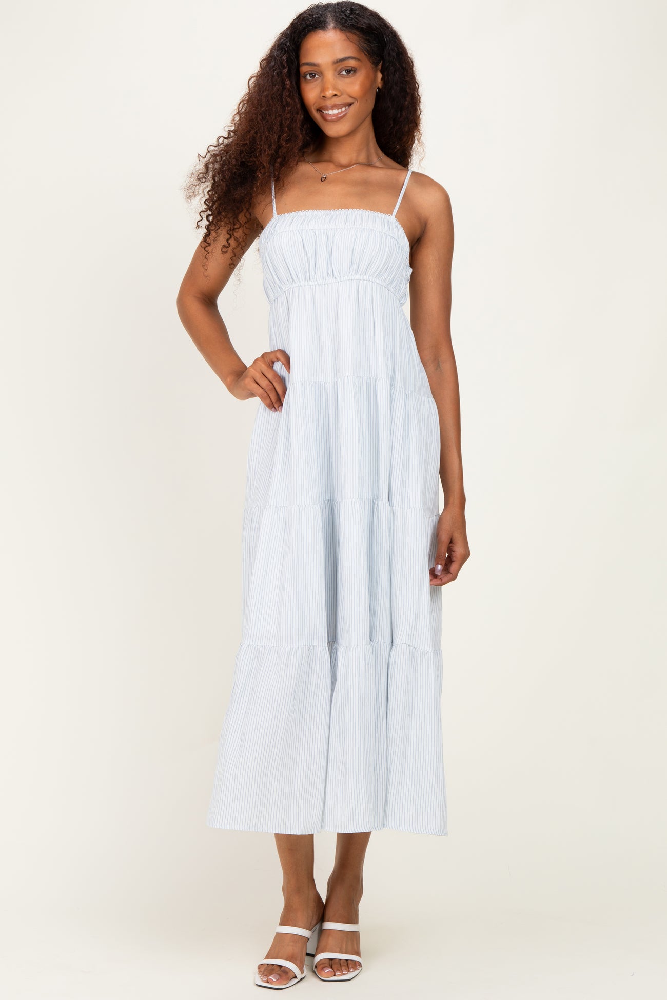 Blue Striped Empire Waist Tiered Maternity Midi Dress