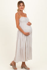 Mocha Striped Empire Waist Tiered Maternity Midi Dress