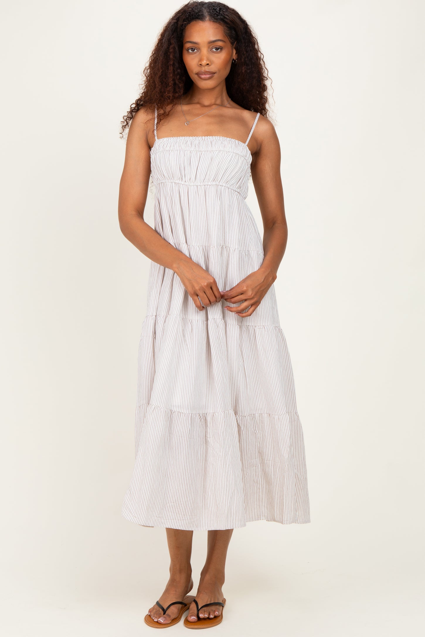 Mocha Striped Empire Waist Tiered Midi Dress