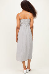 Black Striped Front Tie Cutout Ruffle Midi Dress
