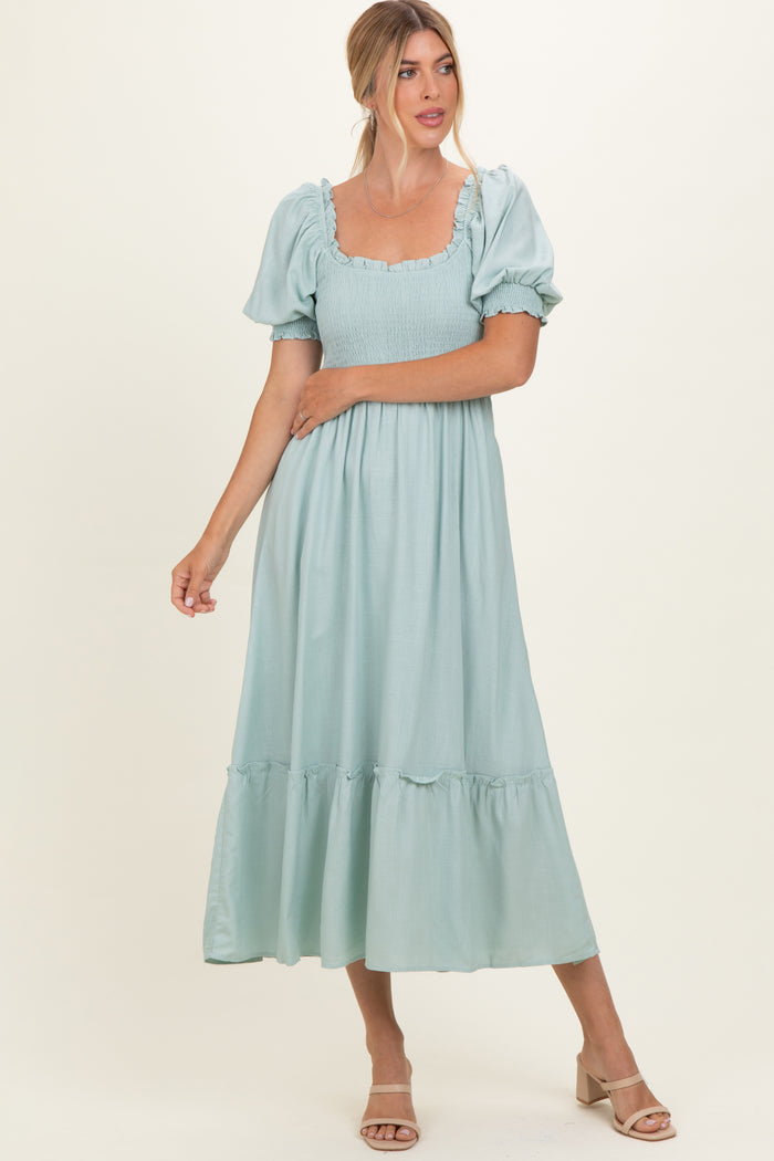 Sage Smocked Puff Sleeve Ruffle Trim Maternity Midi Dress