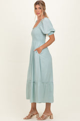 Sage Smocked Puff Sleeve Ruffle Trim Midi Dress