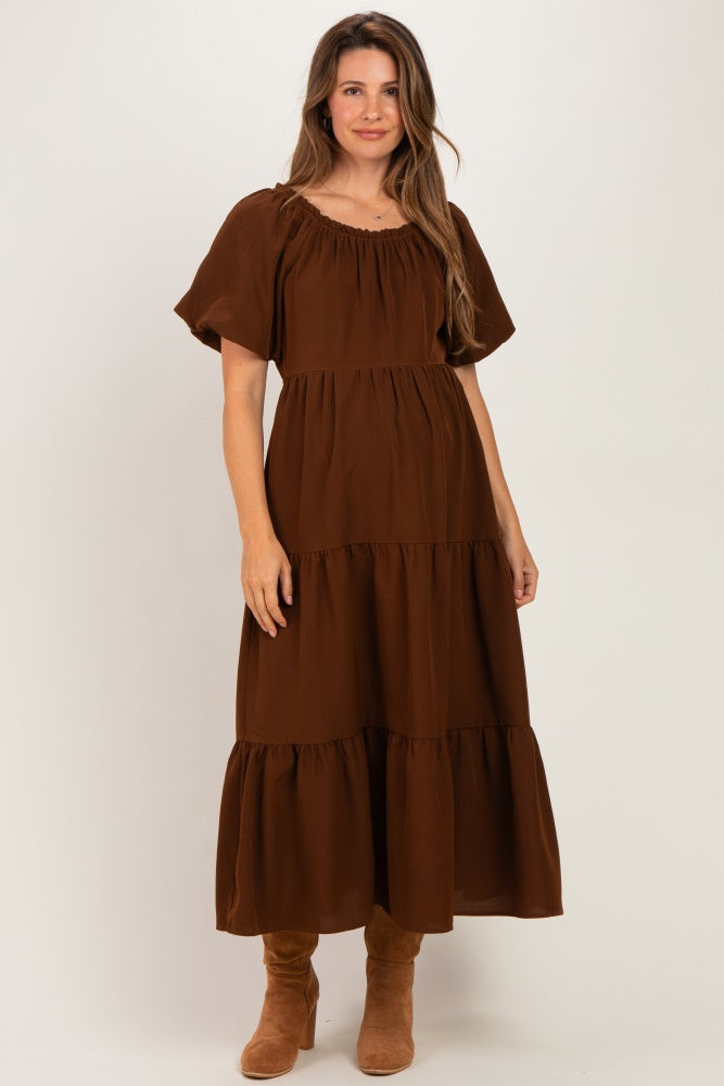 Brown Puff Short Sleeve Tiered Maternity Midi Dress
