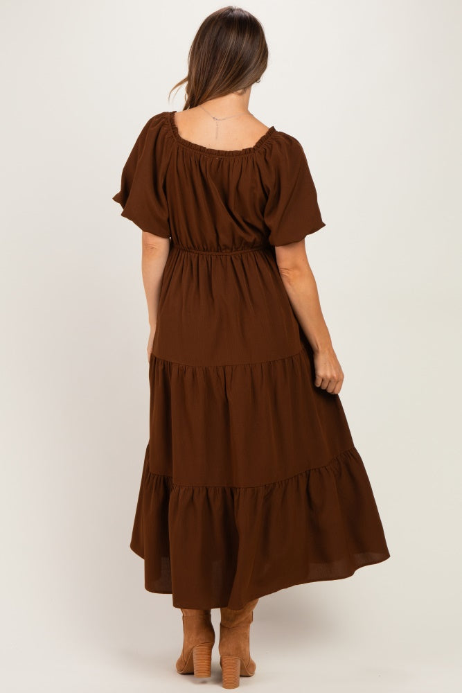Brown Puff Short Sleeve Tiered Maternity Midi Dress