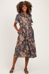 Navy Blue Floral Button Up Maternity Midi Dress