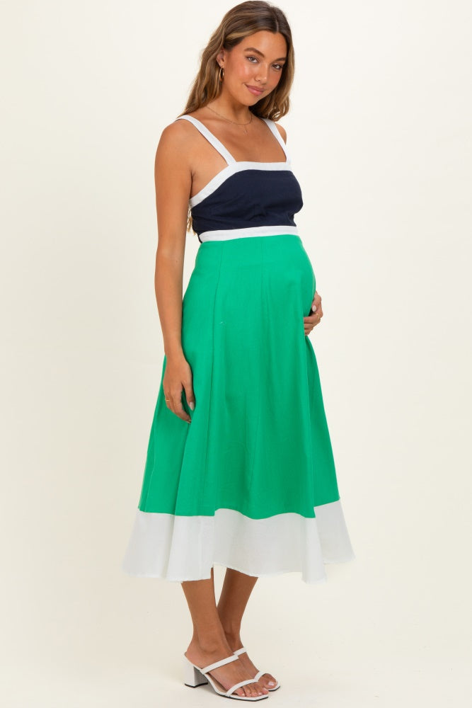 Navy Green Colorblock Sleeveless Maternity Midi Dress