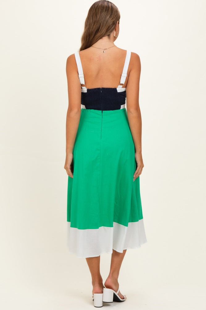 Navy Green Colorblock Sleeveless Maternity Midi Dress