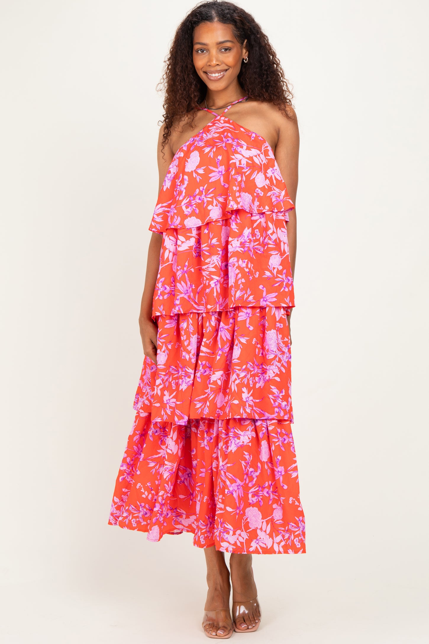 Red Floral Flowy Tiered Maxi Dress